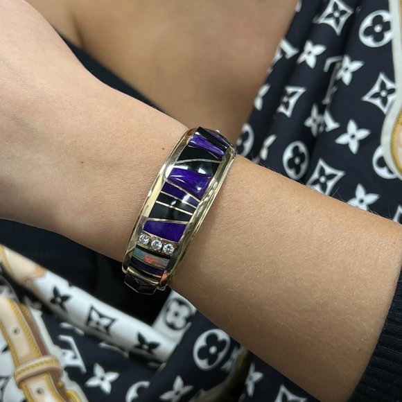 Black Jade, Fire Opal & Diamond Raoul Sosa Ladies Bracelet Cuff 14K Yellow Gold - Picture 3 of 4